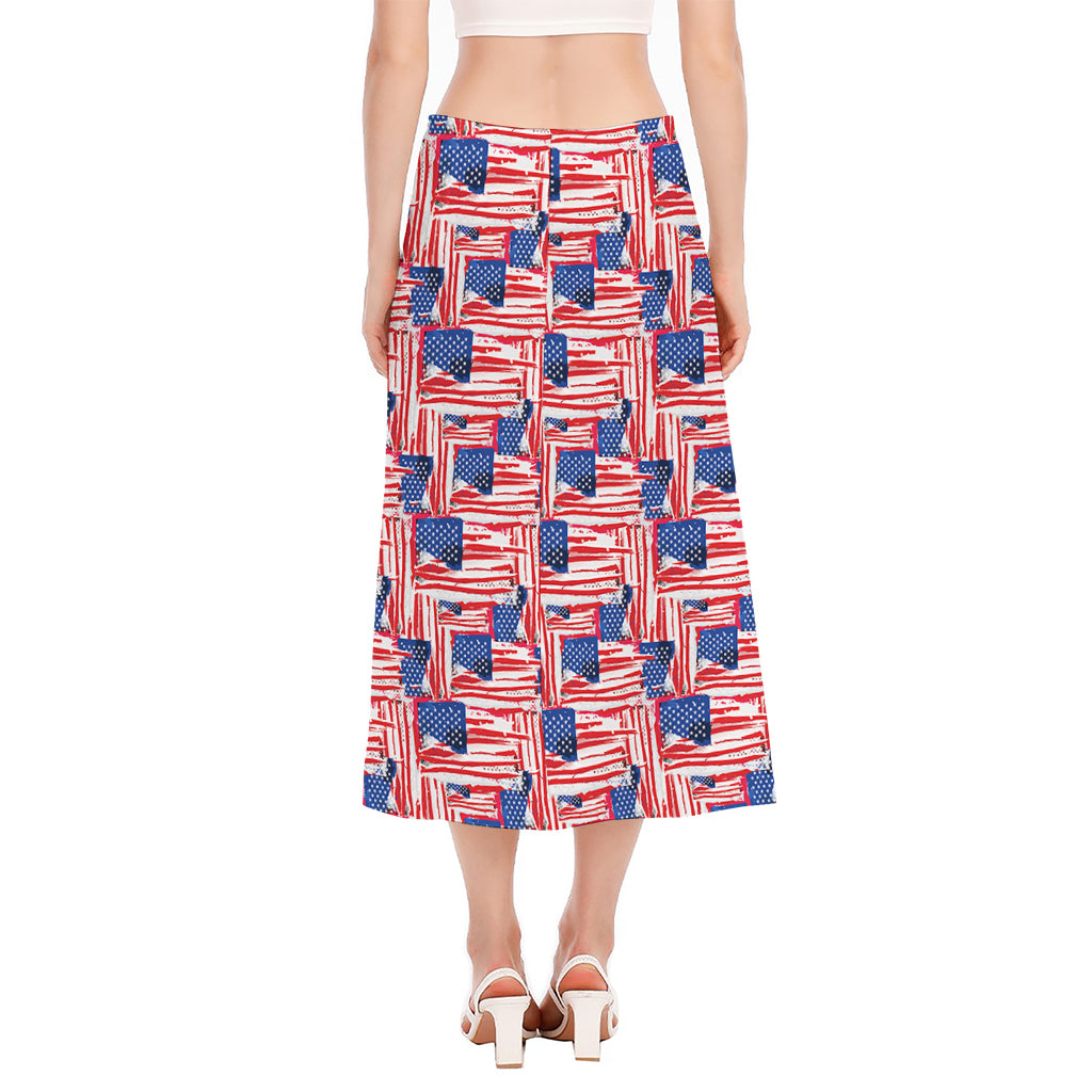 Abstract American Flag Print Side Slit Midi Skirt