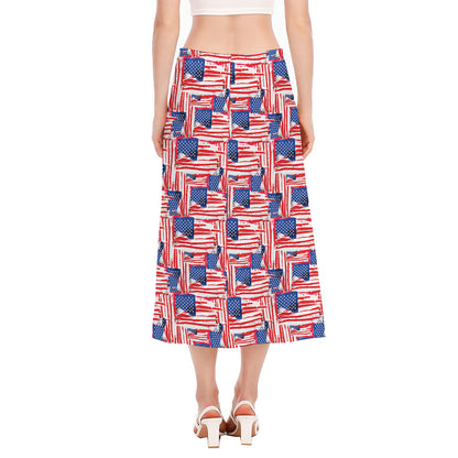 Abstract American Flag Print Side Slit Midi Skirt