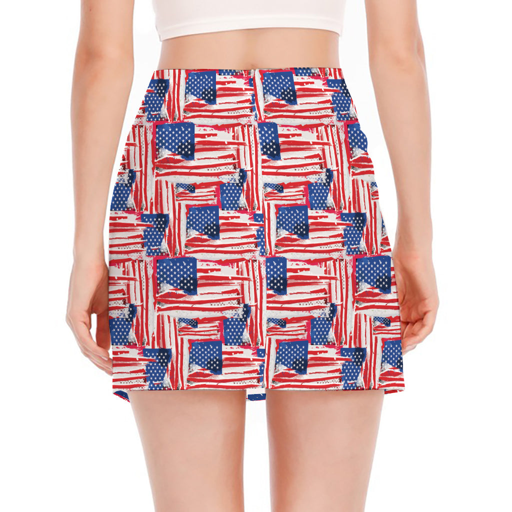 Abstract American Flag Print Side Slit Mini Skirt