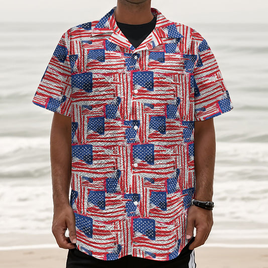 Abstract American Flag Print Textured Short Sleeve Shirt