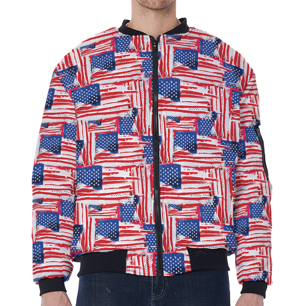 Abstract American Flag Print Zip Sleeve Bomber Jacket