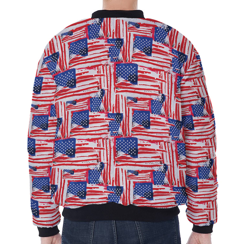 Abstract American Flag Print Zip Sleeve Bomber Jacket