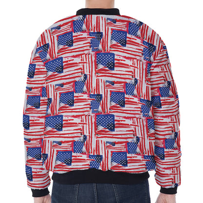 Abstract American Flag Print Zip Sleeve Bomber Jacket
