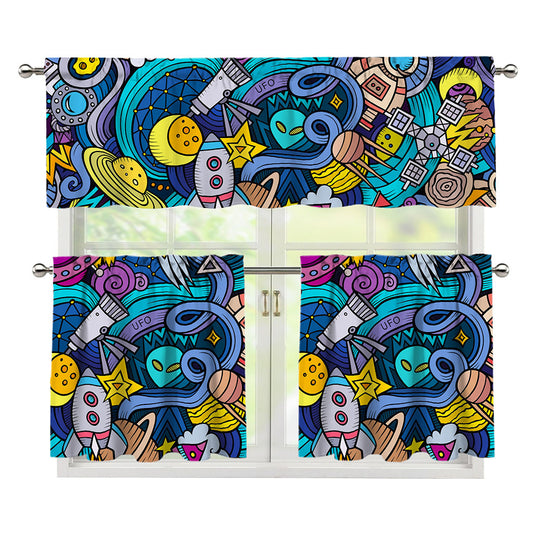 Abstract Cartoon Galaxy Space Print 3 Piece Kitchen Curtains