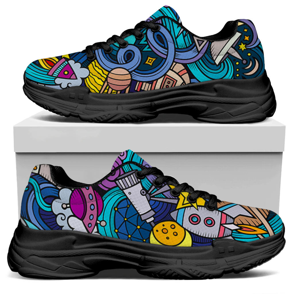 Abstract Cartoon Galaxy Space Print Black Chunky Shoes