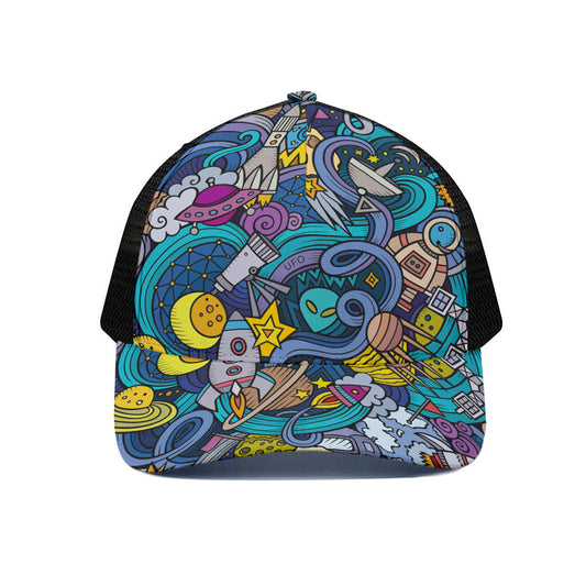 Abstract Cartoon Galaxy Space Print Black Mesh Trucker Cap