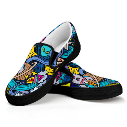 Abstract Cartoon Galaxy Space Print Black Slip On Sneakers