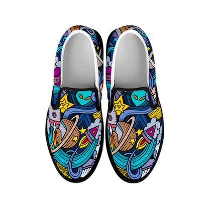 Abstract Cartoon Galaxy Space Print Black Slip On Sneakers