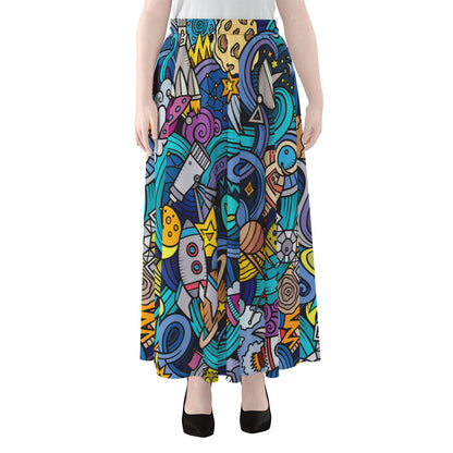 Abstract Cartoon Galaxy Space Print Chiffon Maxi Skirt