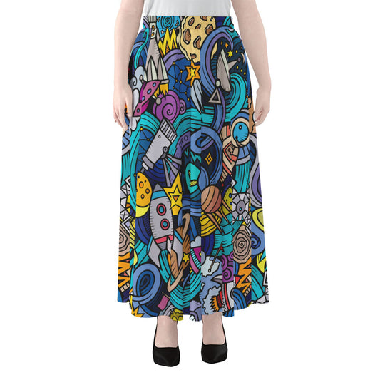 Abstract Cartoon Galaxy Space Print Chiffon Maxi Skirt