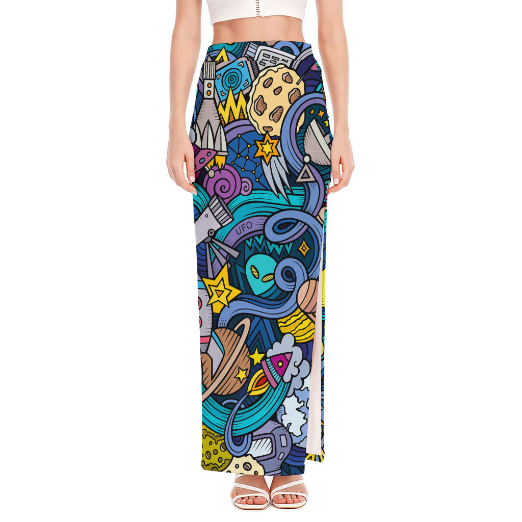 Abstract Cartoon Galaxy Space Print High Slit Maxi Skirt