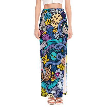 Abstract Cartoon Galaxy Space Print High Slit Maxi Skirt
