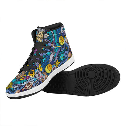 Abstract Cartoon Galaxy Space Print High Top Leather Sneakers