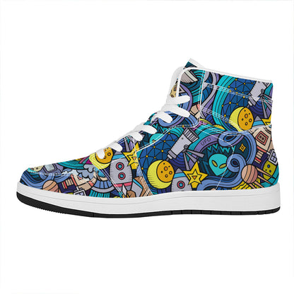 Abstract Cartoon Galaxy Space Print High Top Leather Sneakers