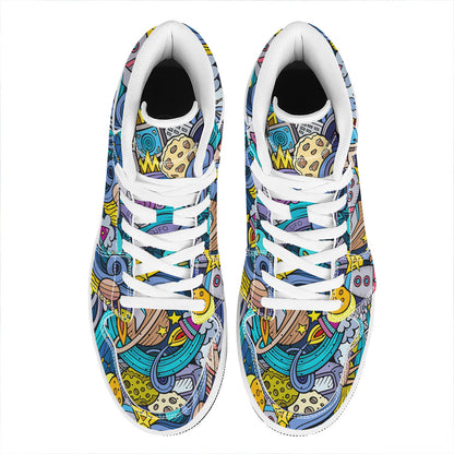 Abstract Cartoon Galaxy Space Print High Top Leather Sneakers