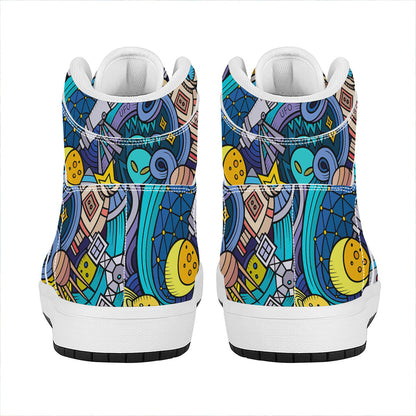 Abstract Cartoon Galaxy Space Print High Top Leather Sneakers