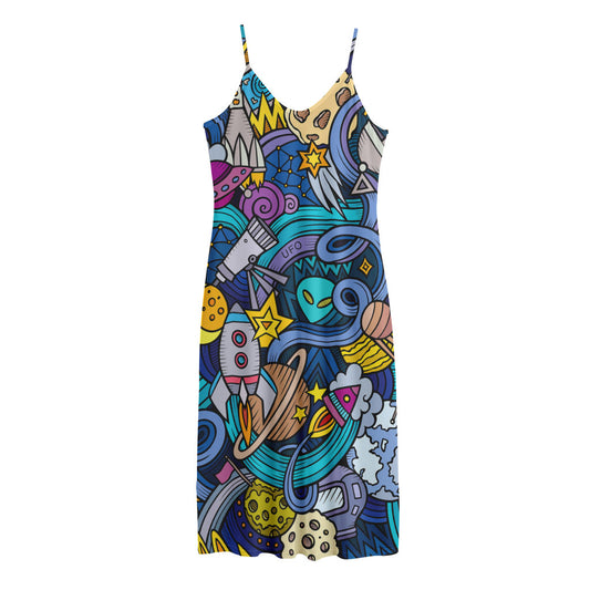 Abstract Cartoon Galaxy Space Print Jersey Midi Cami Dress