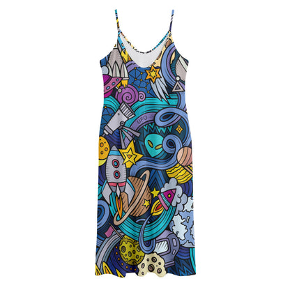 Abstract Cartoon Galaxy Space Print Jersey Midi Cami Dress