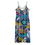 Abstract Cartoon Galaxy Space Print Jersey Midi Cami Dress