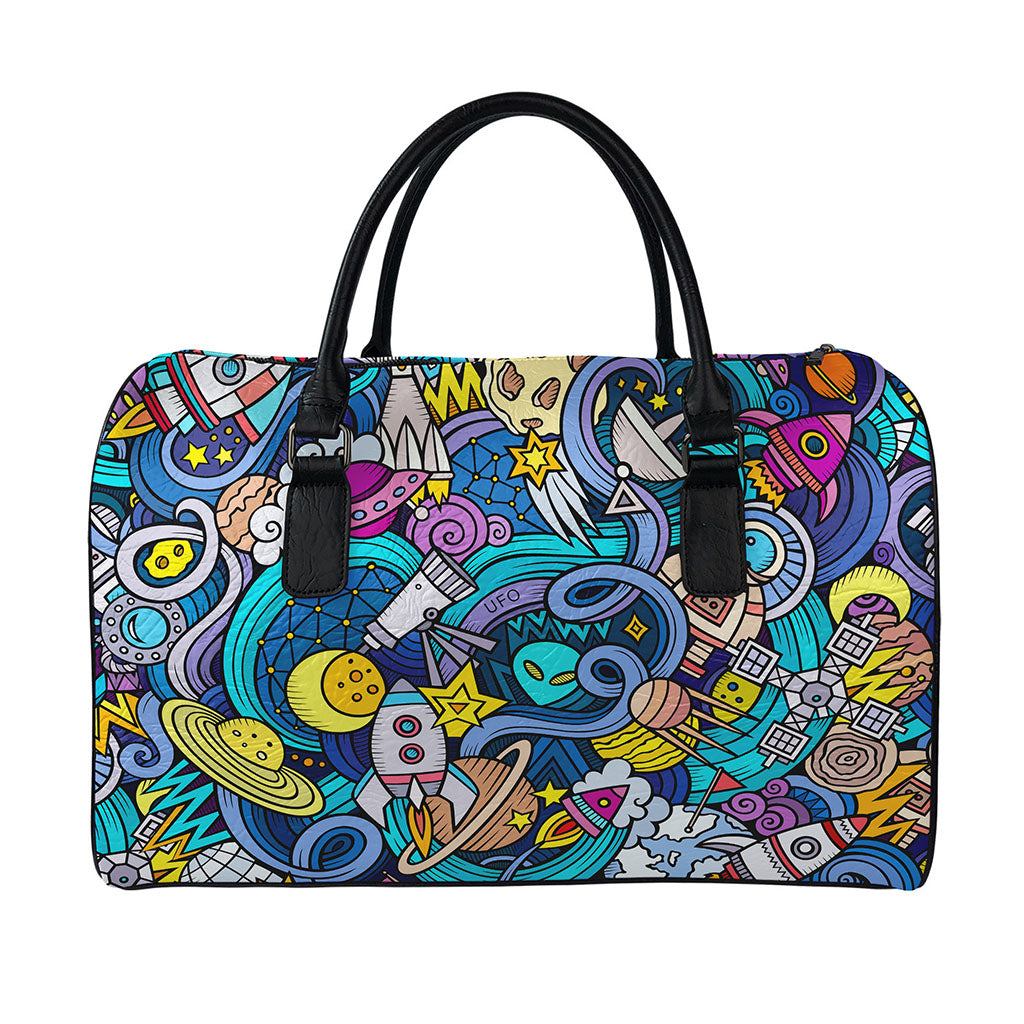 Abstract Cartoon Galaxy Space Print Leather Duffle Bag