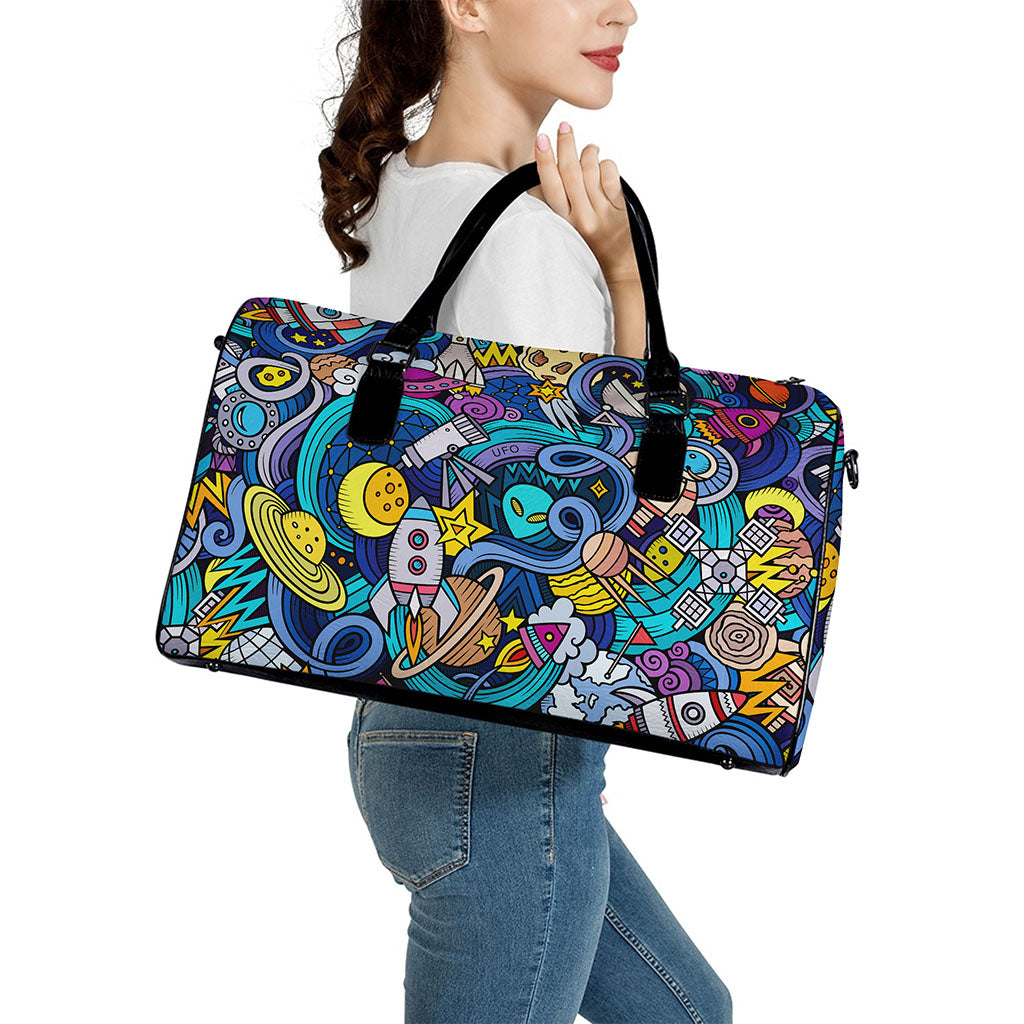 Abstract Cartoon Galaxy Space Print Leather Duffle Bag