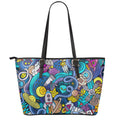 Abstract Cartoon Galaxy Space Print Leather Tote Bag With Zipper