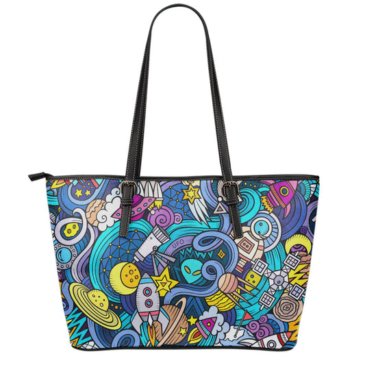 Abstract Cartoon Galaxy Space Print Leather Tote Bag
