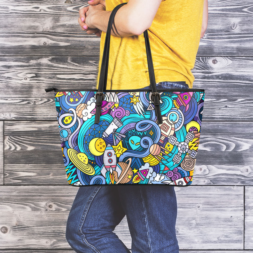 Abstract Cartoon Galaxy Space Print Leather Tote Bag