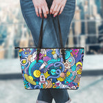 Abstract Cartoon Galaxy Space Print Leather Tote Bag