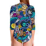 Abstract Cartoon Galaxy Space Print Long Sleeve Swimsuit