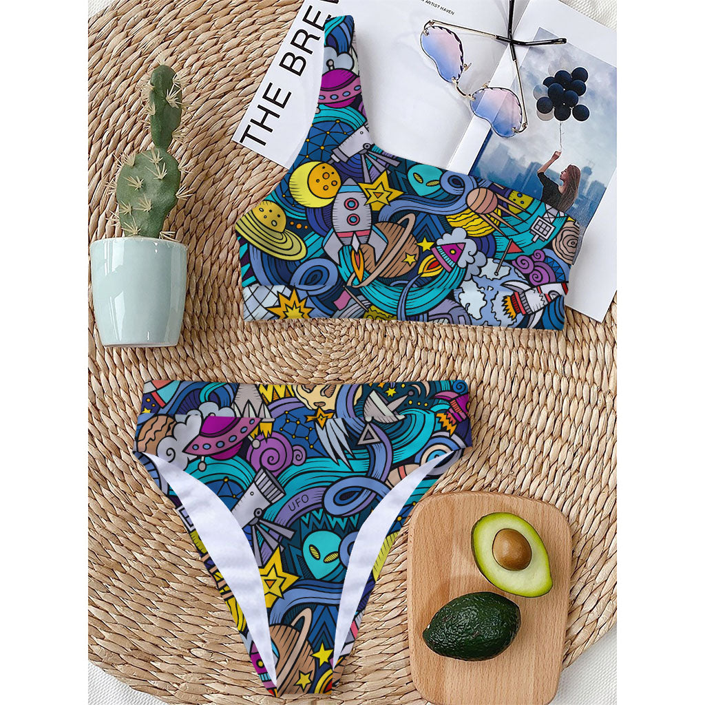Abstract Cartoon Galaxy Space Print One Shoulder Bikini Top