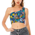 Abstract Cartoon Galaxy Space Print One Shoulder Crop Top