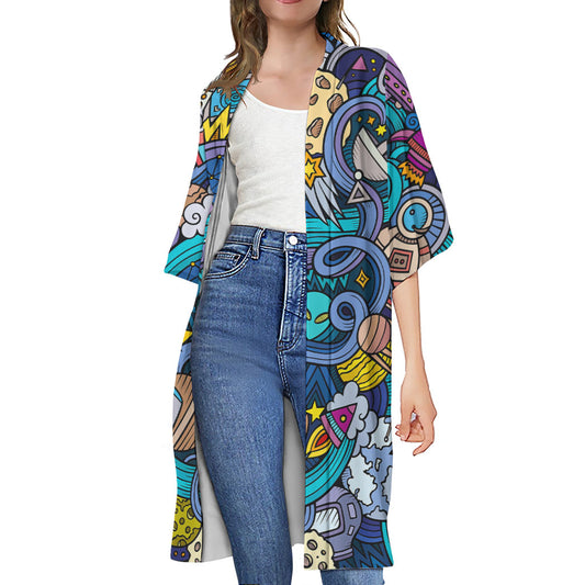 Abstract Cartoon Galaxy Space Print Open Front Beach Cover Up