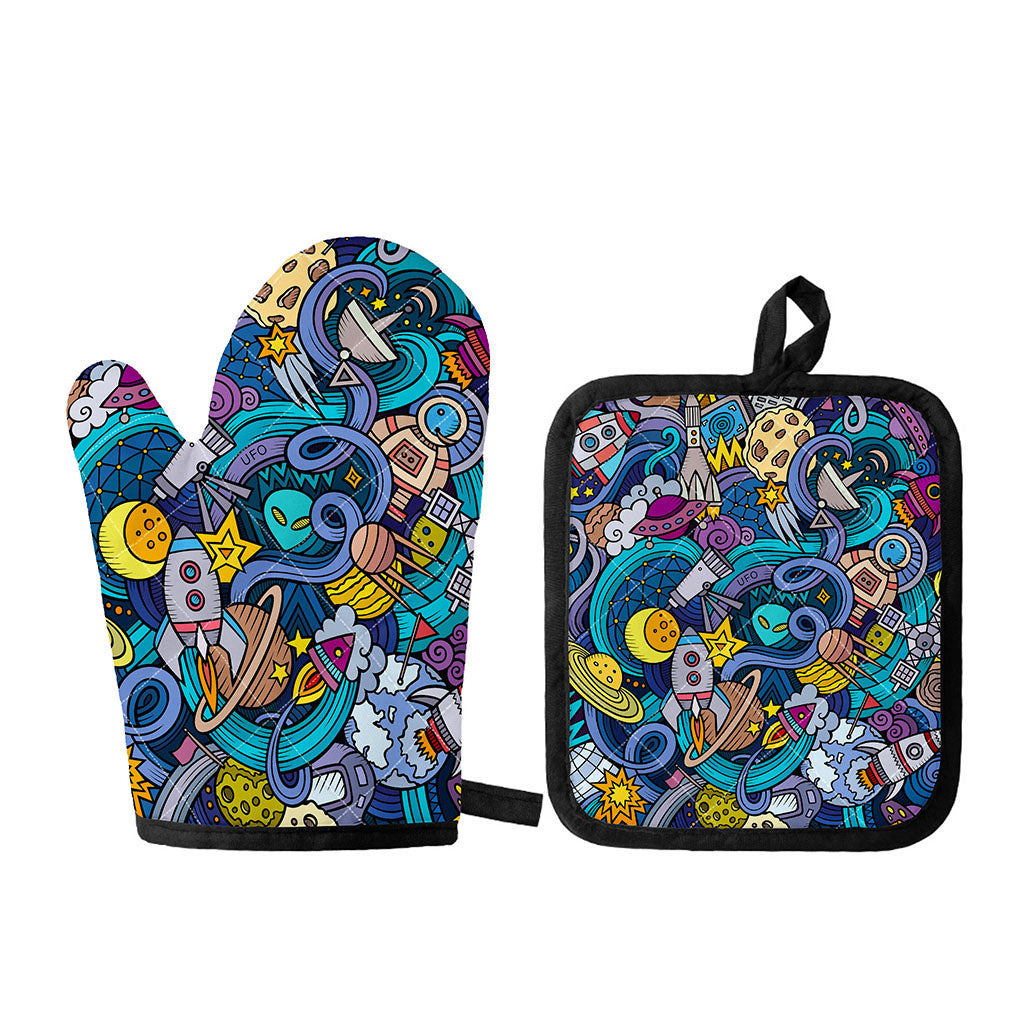 Abstract Cartoon Galaxy Space Print Oven Mitt And Pot Holder Set