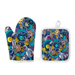 Abstract Cartoon Galaxy Space Print Oven Mitt And Pot Holder Set