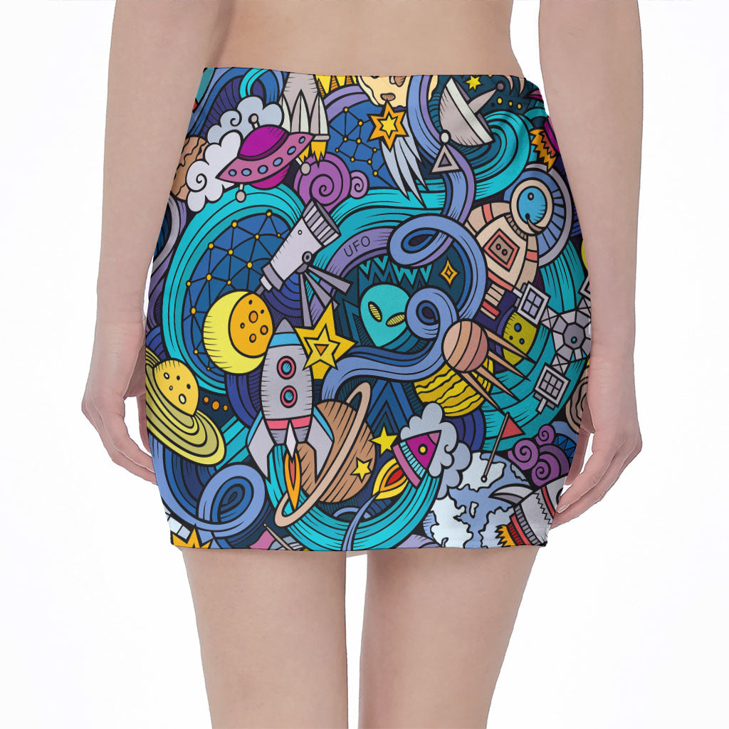 Abstract Cartoon Galaxy Space Print Pencil Mini Skirt
