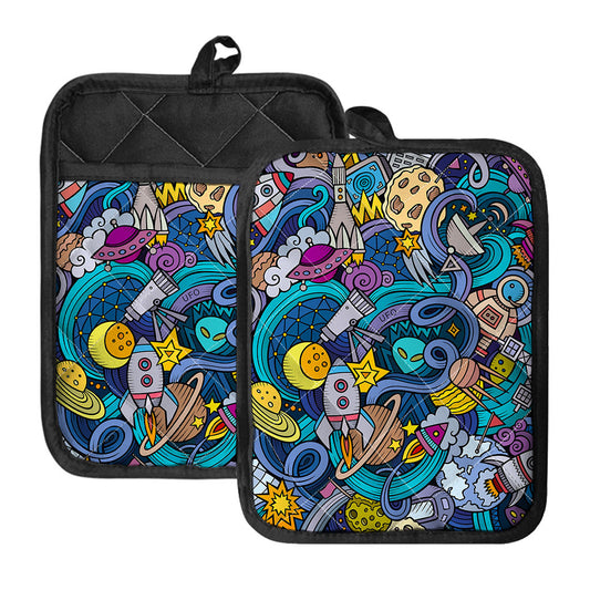Abstract Cartoon Galaxy Space Print Pot Holders With Pocket