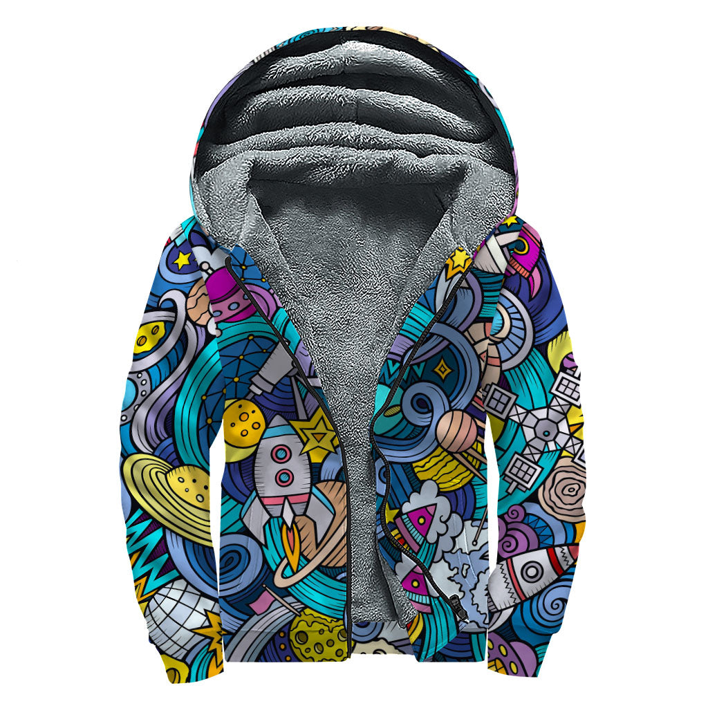 Abstract Cartoon Galaxy Space Print Sherpa Lined Zip Up Hoodie