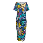 Abstract Cartoon Galaxy Space Print Short Sleeve Long Nightdress