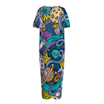 Abstract Cartoon Galaxy Space Print Short Sleeve Long Nightdress