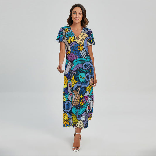 Abstract Cartoon Galaxy Space Print Short Sleeve Maxi Dress