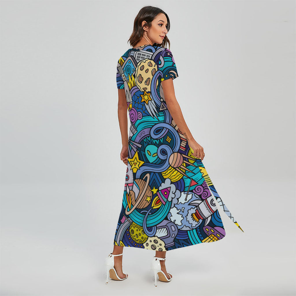 Abstract Cartoon Galaxy Space Print Short Sleeve Maxi Dress