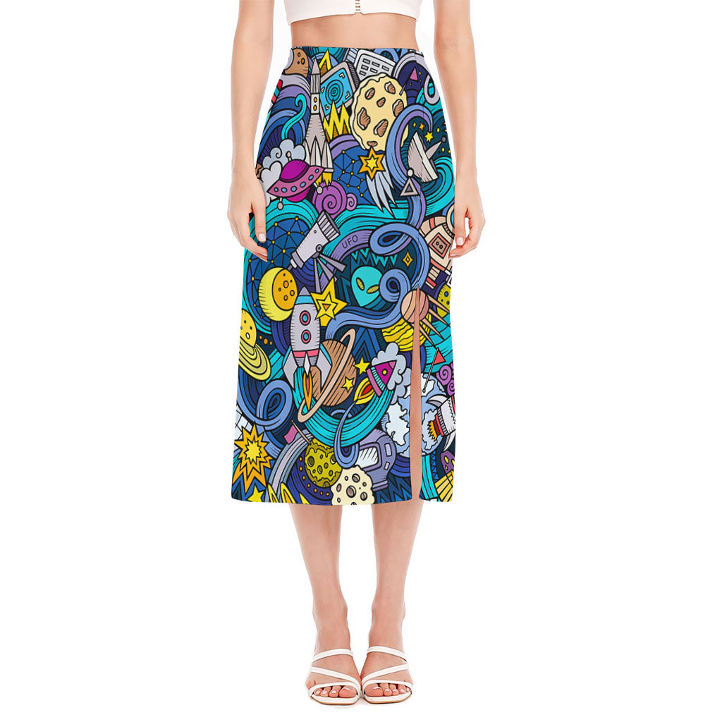 Abstract Cartoon Galaxy Space Print Side Slit Midi Skirt