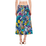 Abstract Cartoon Galaxy Space Print Side Slit Midi Skirt