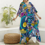 Abstract Cartoon Galaxy Space Print Silk V-Neck Kaftan Dress