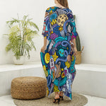 Abstract Cartoon Galaxy Space Print Silk V-Neck Kaftan Dress