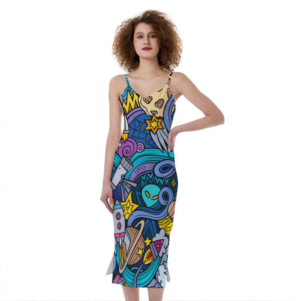 Abstract Cartoon Galaxy Space Print Slim Fit Midi Cami Dress
