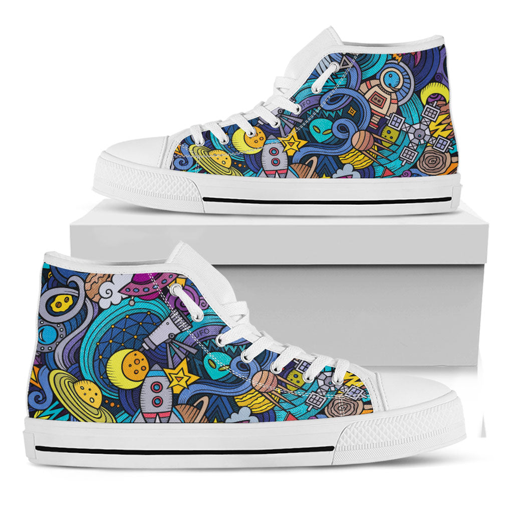 Abstract Cartoon Galaxy Space Print White High Top Sneakers