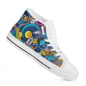 Abstract Cartoon Galaxy Space Print White High Top Sneakers