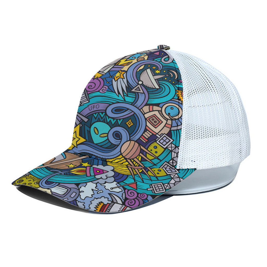 Abstract Cartoon Galaxy Space Print White Mesh Trucker Cap